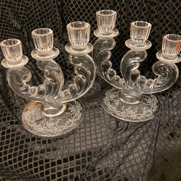 depression Glass Fostoria Romance Plume three candle holders Floral etching - Picture 1 of 5